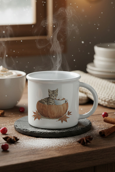 giftkonsept Autumn Themed Cute Cat No:4 Printed Enamel-Looking Ceramic Vintage Mug Cup
