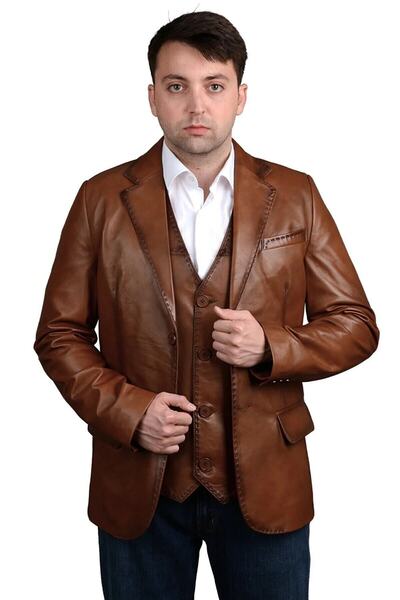 Derimont's Derije Armada Hakiki Deri Punto Dikişli Erkek Taba Blazer Ceket & Yelek