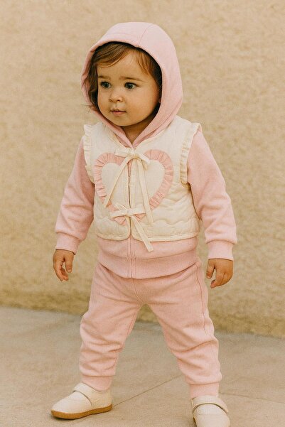RAPAPA Baby Girl Heart Hooded Tracksuit Set + Puffer Vest 3-Piece Combination 25104