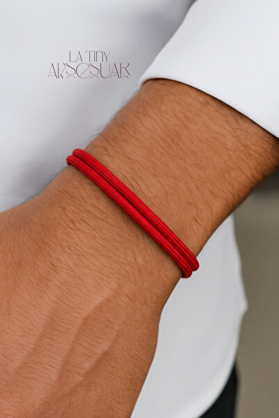 LA TINY AKSESUAR سوار من الخيط للرجال، سوار قابل للتعديل، سوار سميك مصنوع يدويًا للهدايا - أحمر