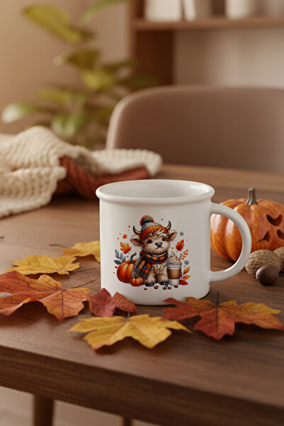 giftkonsept كوب سيراميك عتيق بمظهر المينا مع طباعة بقرة المرتفعات، بتصميم خريفي