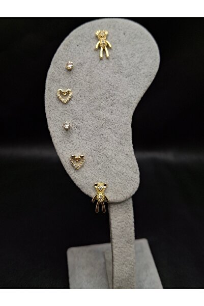 Han Ticarethane Gold Color 6-Piece Stone Teddy Bear Model Set Earrings