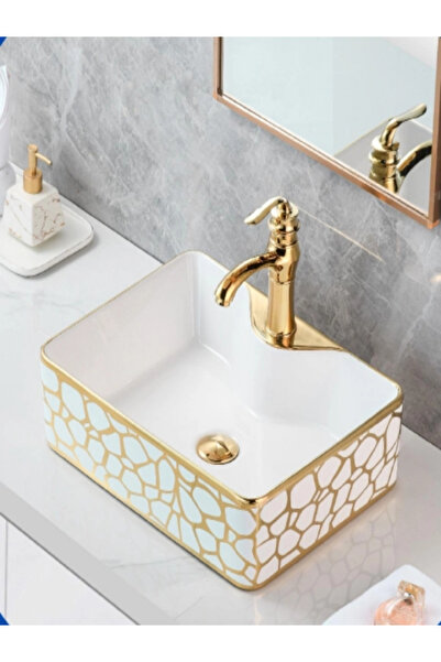 yediyapı Tezgah Üstü Seramik Çanak Lavabo Banyo Lavabosu Beyaz-Gold