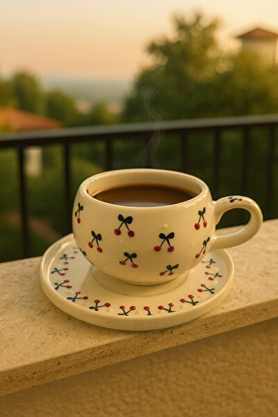 CEZVE HOME Kirazlı Kabartma Desenli El Yapımı Seramik Tabaklı Kupa Kahve Çay Fincanı -Tek Kişilik