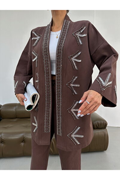 MİA NOURA Women's Oversize Fit Kimono with Beaded Embroidery on the Front