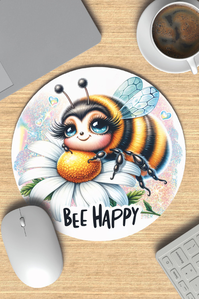 giftkonsept Bee Happy Cute Bee Printed Round Gaming Mousepad