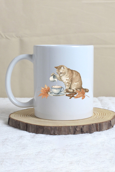 giftkonsept Autumn Themed Cute Cat No:2 Printed Gift Mug