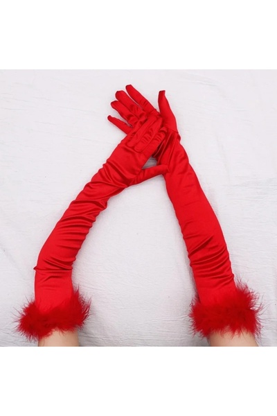 KESNUP Elegant long satin gloves with puff, universal size, Red