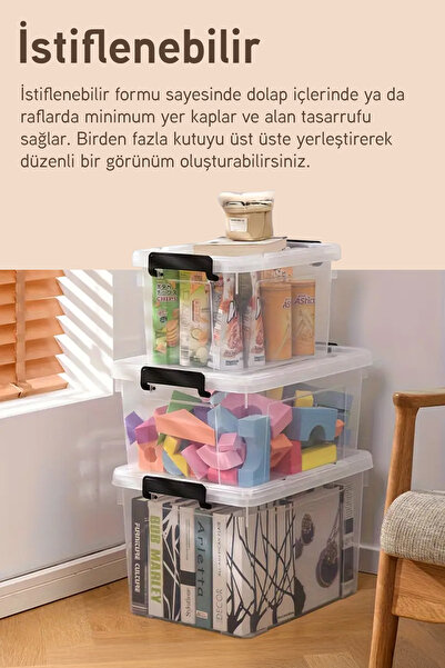 İronika 3'lü Saklama Kabı Yatay Dikdörtgen Kilitli Kapaklı Çok Amaçlı Oyuncak Saklama Kutusu 5 Litre
