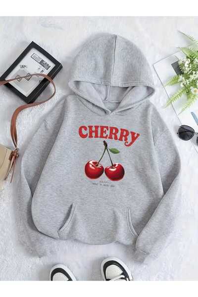 tkn your style Hanorac oversize unisex cu glugă, cu imprimeu cu cireșe