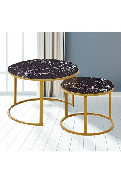 Türkiye Nesting Coffee Table Set with Black Marble Glass Top and Gold Metal Frame - 70X70X45 CM -