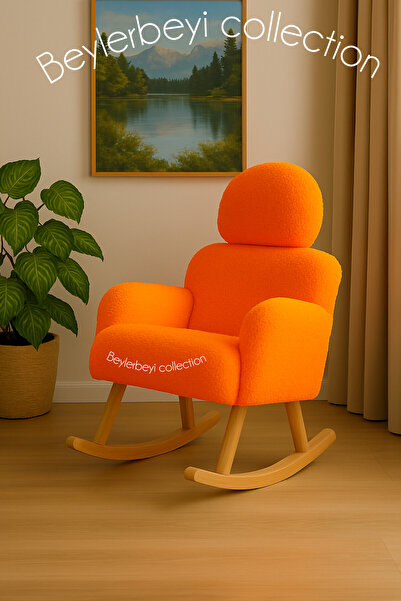 BEYLERBEYİ Sallanan sandalye,ayarlanabilir başlıklı sallanankoltuk,neon turuncu peluş kumaş,tekli koltuk,berjer