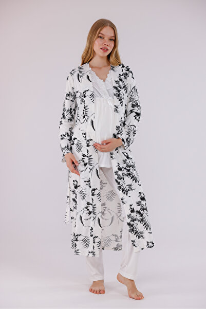 Yulem Homewear Ecru Patterned Long Sleeve Cotton Maternity Pajama Set and Nightgown 4-Piece Set