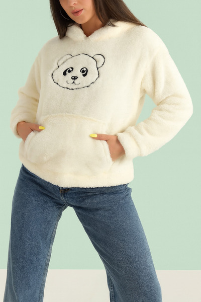 seis wear Beige Embroidered Welsoft Women's Fleece Sweatshirt