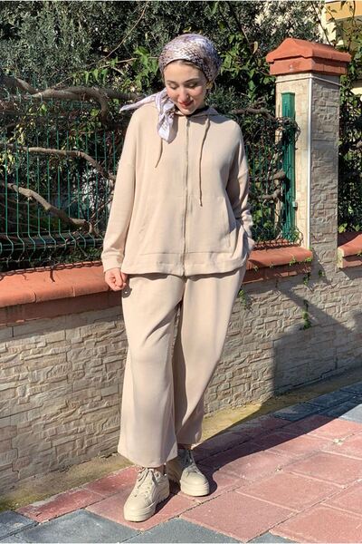 Moda Rosa 26K2257 - Beige - Modal Fabric Double Set with Loose Pants