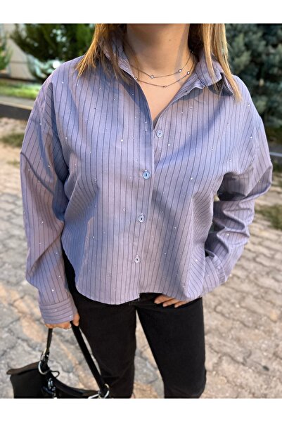 KEYMOOD Taşlı ÇiZGİLİ Gri Gömlek