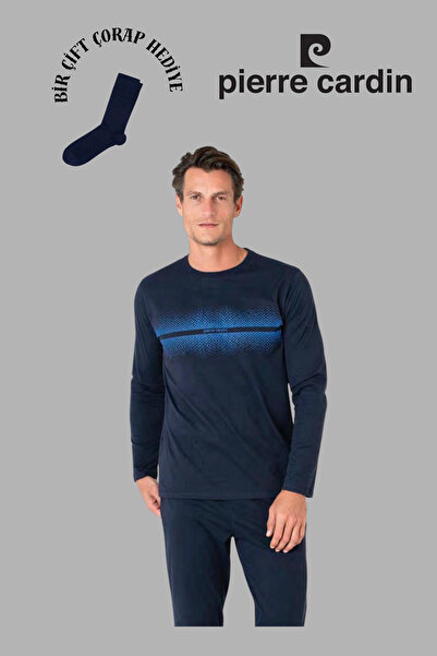 Pierre Cardin Чоловічий темно-синій комплект піжами з довгими рукавами з бавовни, 1 пара шкарпеток у подарунок