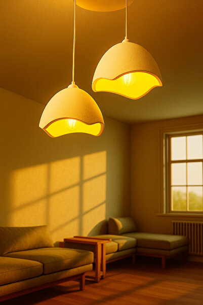 Storizaa İkili Beton Görünümlü Şapka Avize Sarkıt Loft Stil Modern, Vegan, Çevre Dostu, Salon Mutfak