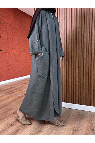QASHMİR Kadın Ham Keten Kap -Antrasit