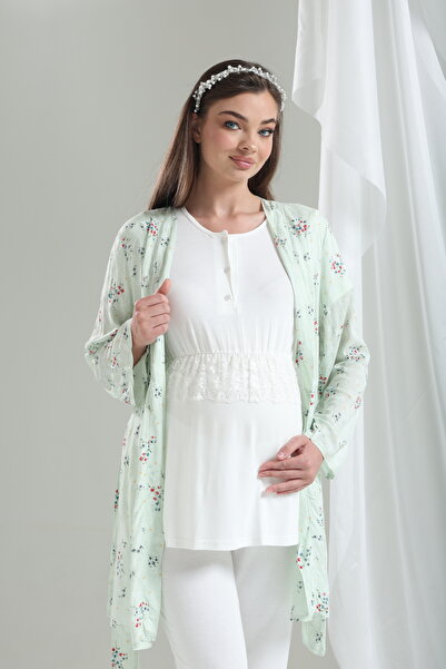 Lohusa Dünyasi Kadın Çiçekli Bisiklet Yaka 3'Lü Lohusa Hamile Gecelik Sabahlı...