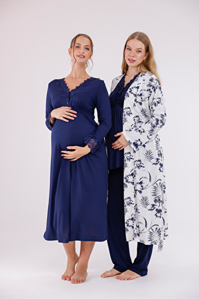 Yulem Homewear Navy Blue Patterned Long Sleeve Cotton Maternity Pajama Set and Nightgown 4-Piece Set