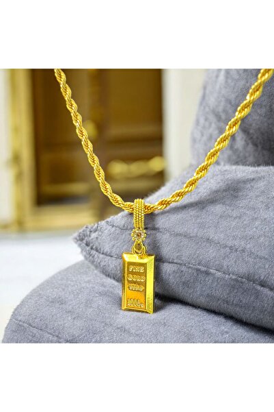 CASELN 24 Ayar Altın Kaplama Zirkon Kulplu Burgu Zincirli Emitasyon 1000 Gram Külçe Altın Kolye