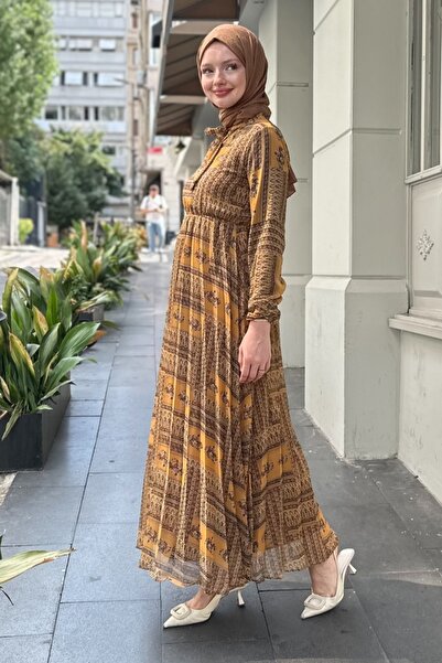 Kombinazon Sera Mini Patterned Fully Lined Chiffon Mustard Dress