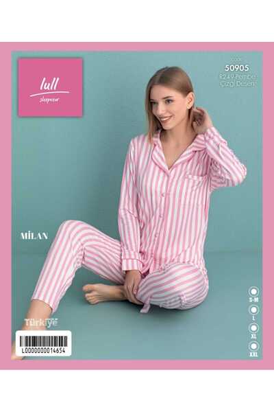 Mihra Çizgili önden düğmeli yumuşak pijama takımı