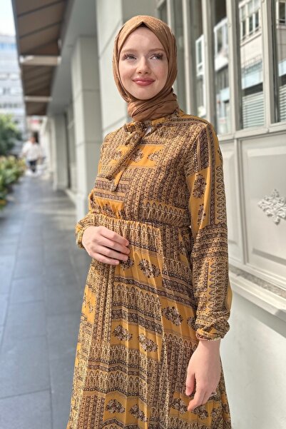 Kombinazon Sera Mini Patterned Fully Lined Chiffon Mustard Dress