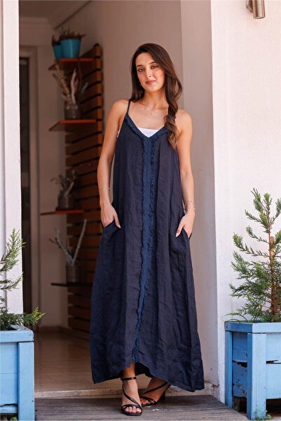 Miss Boheme Lacivert Renk Askılı İtalyan Keten Elbise