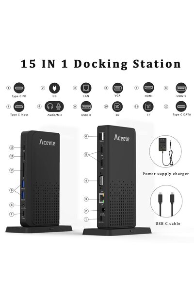 Aceele محطة إرساء ثلاثية العرض USB C 15 في 1