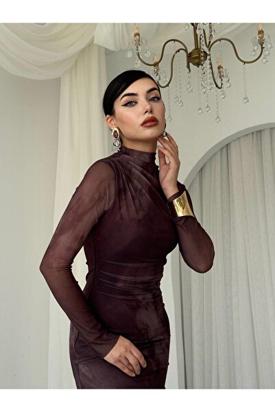 Julidress Рокля от висококачествен тюл с подплатена яка с кафеен мотив