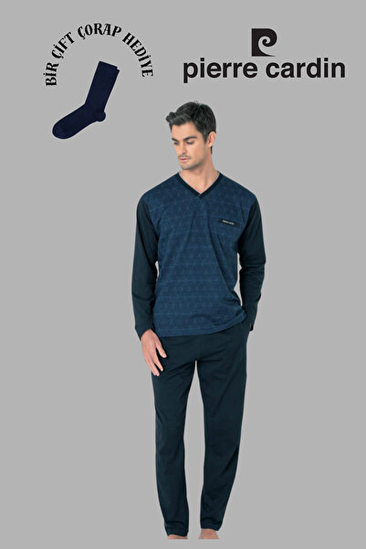 Pierre Cardin Men's Dark Saks Long Sleeve Jacquard Cotton Pajama Set with 1 Pair of Socks as a Gift