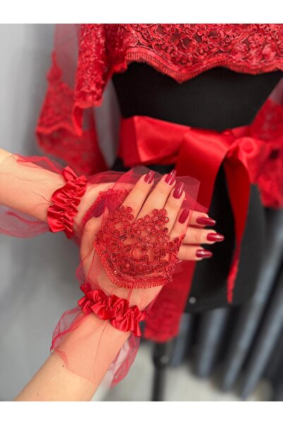 Janva Kırmızı Gelin Duvak Seti, Tel Kırma Pullu Boncuklu Kına Gecesi Duvağı Yüz Örtüsü Seti 4 Parça