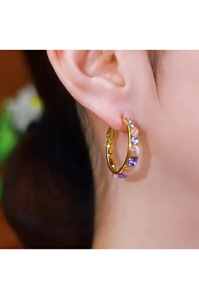 SEVAS GOLD Gold Color Women's Purple and Yellow Stone Hoop Earrings