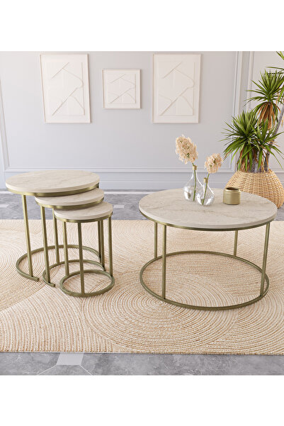 Dekoport Royal Orta Ve Zigon Sehpa Seti Metal Ayak Traverten Desen Tabla