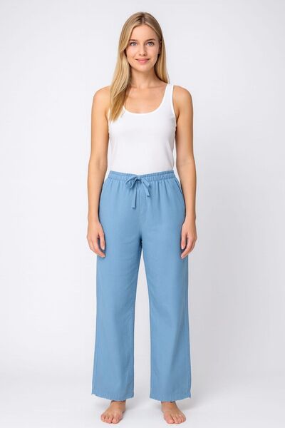 enmodaiçgiyim Baby Blue 100% Cotton Gabardine Wide-Leg Women's Trousers – Elastic Waist, Two Pockets, Comfortable, Suitable for All Seasons
