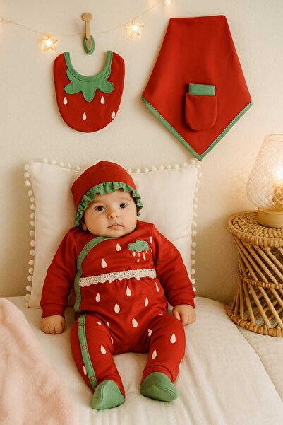 MİLAYS LİFE HOME COLLECTİON KIZ BEBEK 0-3 AY ÇİLEKLİ NAKIŞLI TULUM 5 Lİ SET