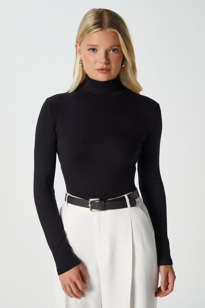 Ritnice Kadın Feel Lux Touch Dik Yaka Siyah Uzun Kol Soft Bluz