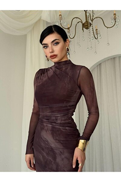 Julidress Рокля от висококачествен тюл с подплатена яка с кафеен мотив