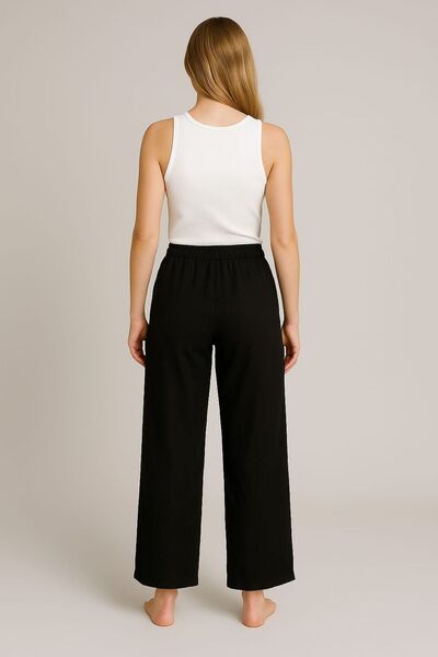 enmodaiçgiyim Black 100% Cotton Gabardine Wide Leg Women's Trousers – Elastic Waist, Two Pockets, Comfortable, Suitable for All Seasons