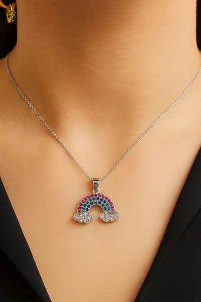 By Zeyna Aksesuar Women's Rainbow Figured Necklace with Colorful Stones & Ele...