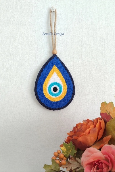 Sewille Design Hand Made Punch İşleme Damla Nazar Boncuğu Duvar Süsü, Kapı Süsü