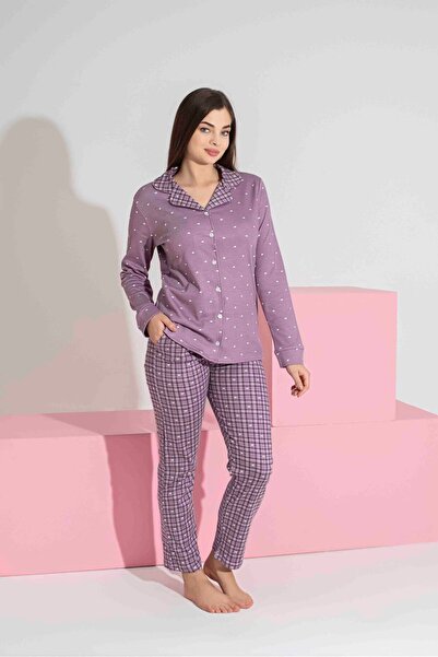 Tarık Women's Heart Patterned Long Sleeve Interlock Combed Cotton Fabric Front Buttoned Seasonal Pajama Set