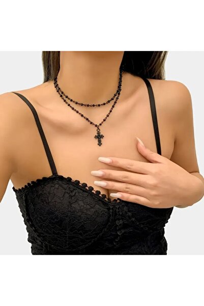 Feron accessories Siyah 2 Li Boncuklu Haç Choker Kolye H405