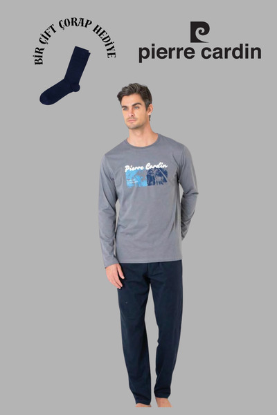 Pierre Cardin Men's Dark Gray Long Sleeve Jacquard Cotton Pajama Set with 1 Pair of Socks Gift