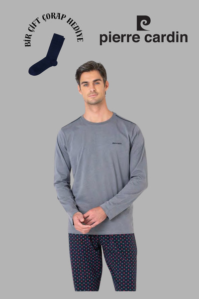 Pierre Cardin Men's Dark Gray Long Sleeve Cotton Pajama Set with 1 Pair of Socks Gift