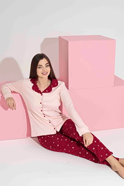 Tarık Women's Dusty Pink Floral Patterned Long Sleeve Interlock Combed Cotton Fabric Front Buttoned Seasonal Pajama Set