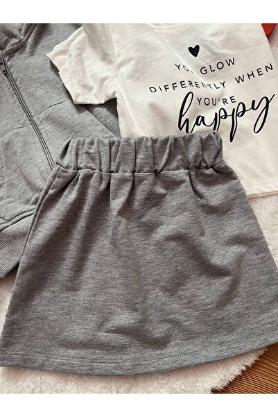 EKNKİDS Girl's 3-Piece Suit Cardigan Skirt T-Shirt