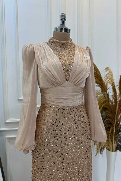 Halezademoda Balon Kollu Pullu Tesettür Abiye